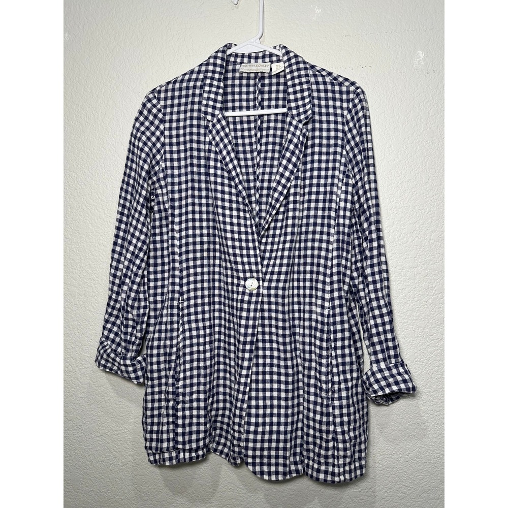 Cynthia Rowley Navy Gingham 100% Linen Blazer Jacket Womens Small Blue White